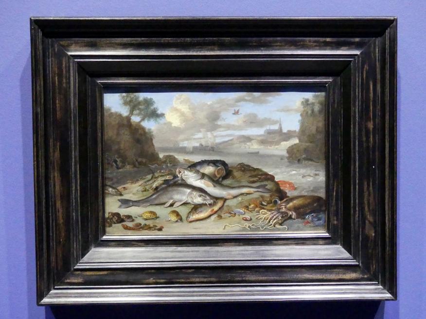 Jan van Kessel (1655–1670), Stillleben mit Fischen und Meeresgetier in einer Küstenlandschaft, Frankfurt am Main, Städel Museum, 2. Obergeschoss, Saal 10, 1661