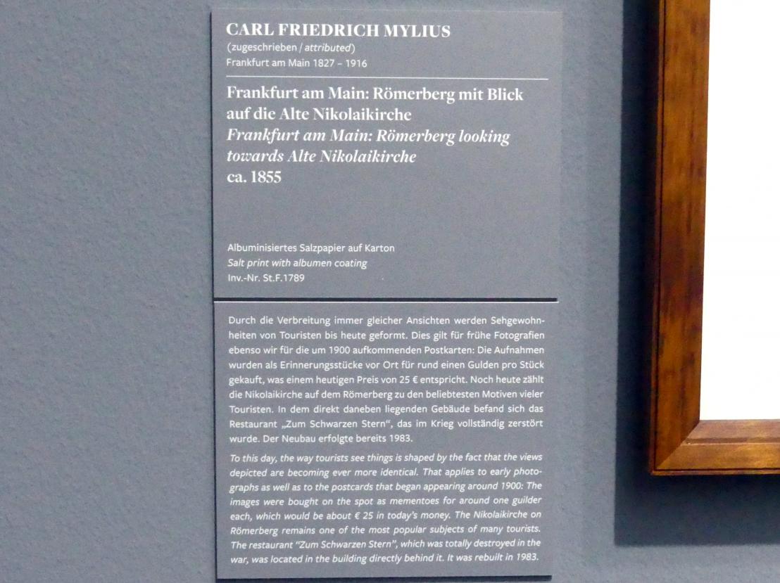 Carl Friedrich Mylius (1855–1870), Frankfurt am Main: Römerberg mit Blick auf die Alte Nikolaikirche, Frankfurt am Main, Städel Museum, 1. Obergeschoss, Saal 3, um 1855, Bild 2/2