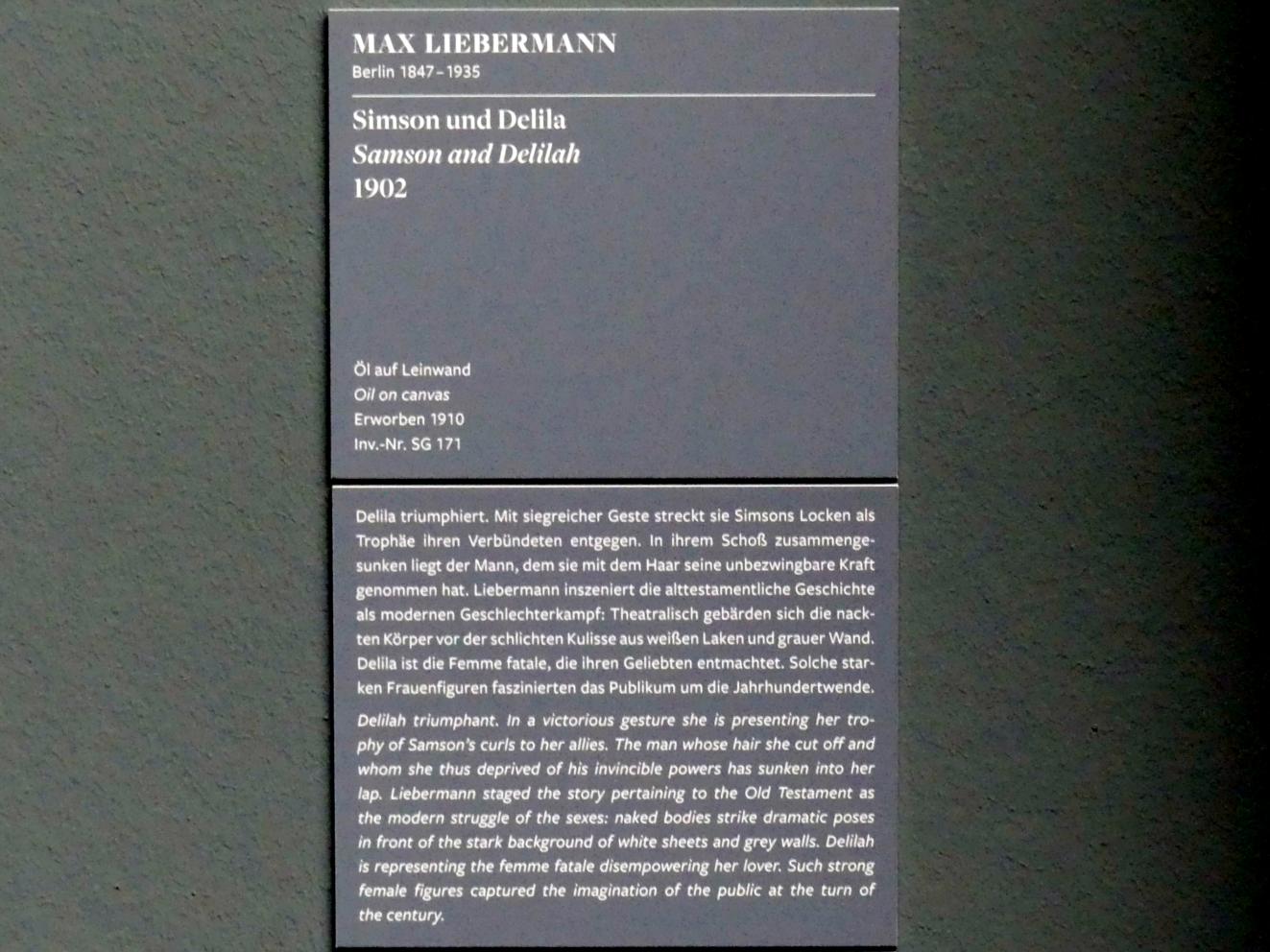 Max Liebermann (1872–1929), Simson und Delila, Frankfurt am Main, Städel Museum, 1. Obergeschoss, Saal 5, 1902, Bild 2/2