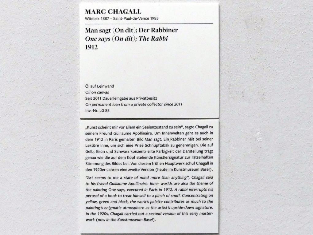 Marc Chagall (1910–1972), Man sagt (On dit); Der Rabbiner, Frankfurt am Main, Städel Museum, 1. Obergeschoss, Saal 11, 1912, Bild 2/2