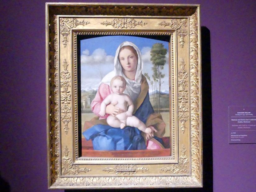 Giovanni Bellini (1452–1515), Madonna mit Kind in einer Landschaft (Dudley-Madonna), Frankfurt, Städel, Ausstellung "Tizian und die Renaissance in Venedig" vom 13.02. - 26.05.2019, Teil 1, Raum 2, um 1508