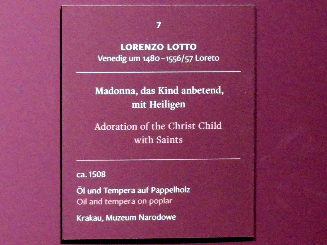 Lorenzo Lotto (1503–1549), Madonna, das Kind anbetend, mit Heiligen, Frankfurt, Städel, Ausstellung "Tizian und die Renaissance in Venedig" vom 13.02. - 26.05.2019, Teil 1, Raum 2, um 1508, Bild 2/2