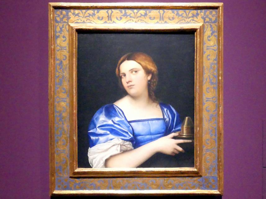 Sebastiano del Piombo (1507–1525), Dame in Blau mit Parfümbrenner, Frankfurt, Städel, Ausstellung "Tizian und die Renaissance in Venedig" vom 13.02. - 26.05.2019, Teil 1, Raum 5, um 1510–1511