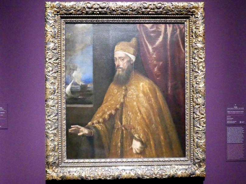 Tiziano Vecellio (Tizian) (1509–1575), Bildnis des Dogen Francesco Venier, Frankfurt, Städel, Ausstellung "Tizian und die Renaissance in Venedig" vom 13.02. - 26.05.2019, Teil 2, Raum 1, 1554–1556, Bild 1/3