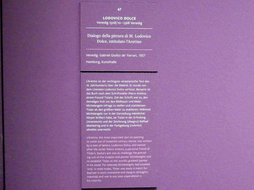 Lodovico Dolce (1557), Dialogo della pittura di M. Lodovico Dolce, intitolato l'Aretino, Frankfurt, Städel, Ausstellung "Tizian und die Renaissance in Venedig" vom 13.02. - 26.05.2019, Teil 2, Raum 2, 1557, Bild 2/2