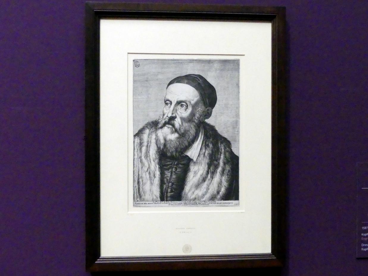 Agostino Carracci (1582–1601), Bildnis Tizians (nach Tizians Selbstbildnis), Frankfurt, Städel, Ausstellung "Tizian und die Renaissance in Venedig" vom 13.02. - 26.05.2019, Teil 2, Raum 4, 1587