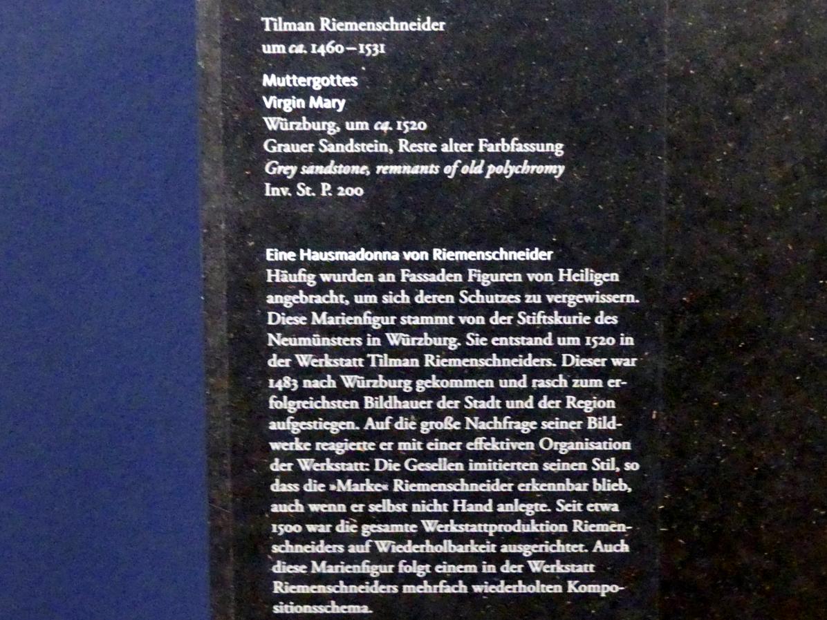 Tilman Riemenschneider (Werkstatt) (1487–1520), Muttergottes, Würzburg, Kollegiatstift Neumünster, jetzt Frankfurt am Main, Liebieghaus Skulpturensammlung, Mittelalter 5 - der Erfolg der neuen Kunst, um 1520, Bild 3/3