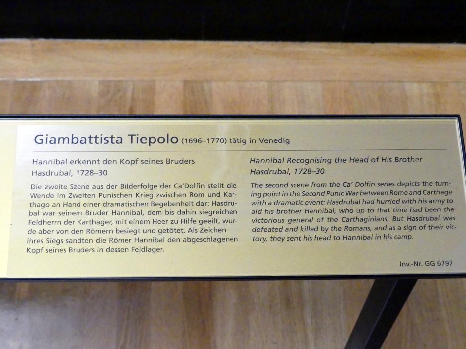 Giovanni Battista Tiepolo (1715–1785), Hannibal erkennt den Kopf seines Bruders Hasdrubal, Venedig, Palazzo Secco Dolfin, jetzt Wien, Kunsthistorisches Museum, Saal VII, 1728–1730, Bild 2/2