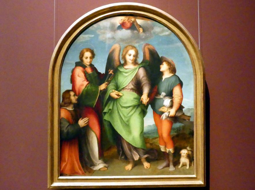 Andrea del Sarto (1512–1529), Erzengel Raffael mit Tobas, hl. Laurentius und dem Stifter Leonardo di Lorenzo Morelli, Wien, Kunsthistorisches Museum, Saal III, 1512, Bild 1/2