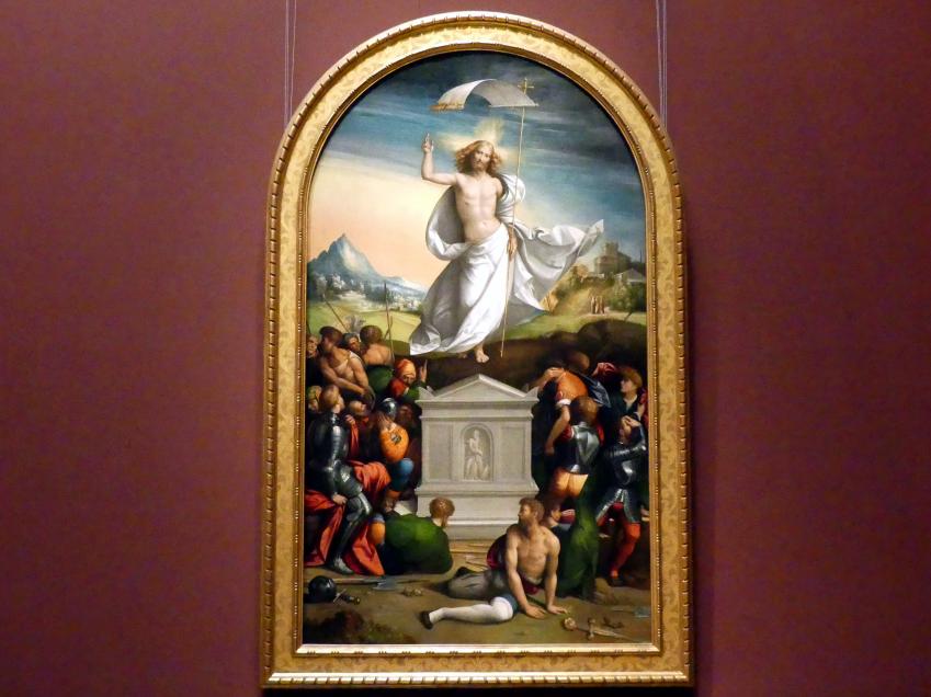 Benvenuto Tisi Garofalo (1509–1540), Auferstehung Christi, Bondeno, Kirche Mariä Geburt, jetzt Wien, Kunsthistorisches Museum, Saal III, 1520, Bild 1/2