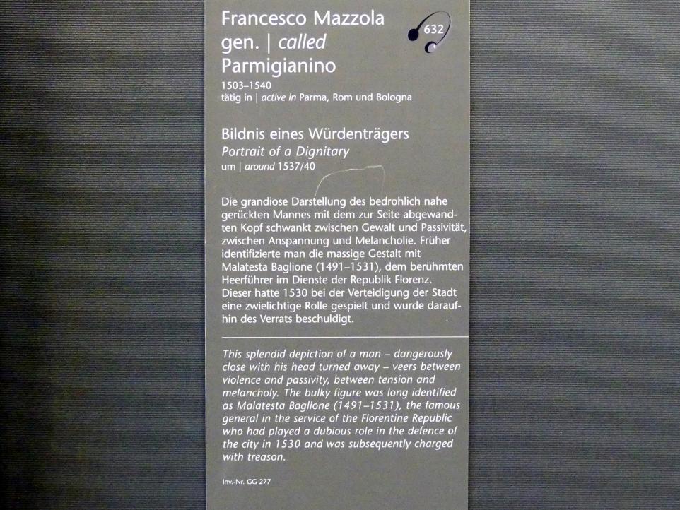 Parmigianino (Girolamo Francesco Maria Mazzola) (1519–1539), Bildnis eines Würdenträgers, Wien, Kunsthistorisches Museum, Kabinett 3, um 1537–1540, Bild 2/2