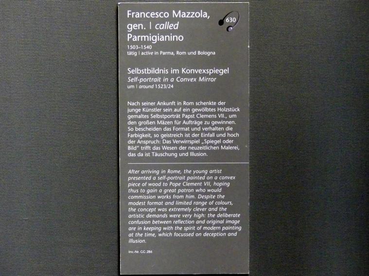 Parmigianino (Girolamo Francesco Maria Mazzola) (1519–1539), Selbstbildnis im Konvexspiegel, Wien, Kunsthistorisches Museum, Kabinett 3, um 1523–1524, Bild 2/2