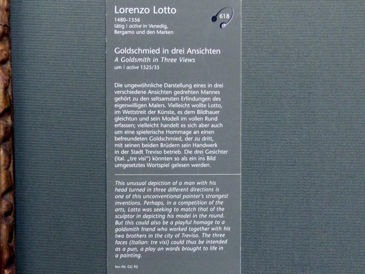 Lorenzo Lotto (1503–1549), Goldschmied in drei Ansichten, Wien, Kunsthistorisches Museum, Kabinett 3, um 1525–1535, Bild 2/2