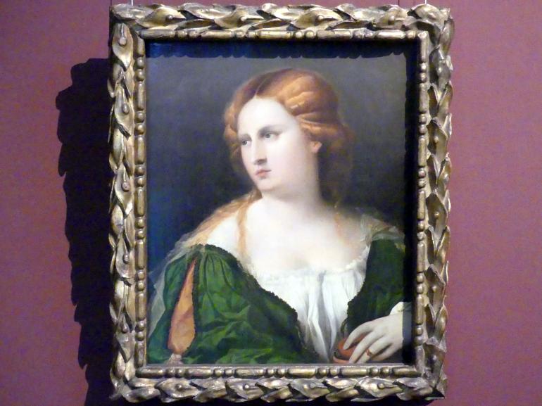 Jacopo Palma il Vecchio (Jacomo Nigretti de Lavalle) (1500–1526), Junge Frau in grünem Kleid, Wien, Kunsthistorisches Museum, Kabinett 4, um 1512–1514, Bild 1/2