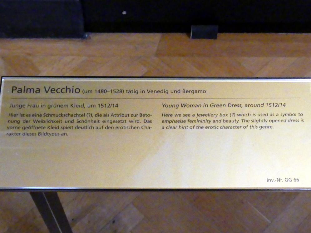 Jacopo Palma il Vecchio (Jacomo Nigretti de Lavalle) (1500–1526), Junge Frau in grünem Kleid, Wien, Kunsthistorisches Museum, Kabinett 4, um 1512–1514, Bild 2/2