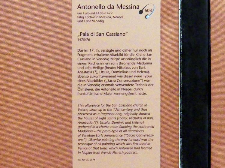 Antonello da Messina (1464–1478), Pala di San Cassiano, Venedig, Kirche San Cassiano, jetzt Wien, Kunsthistorisches Museum, Kabinett 5, um 1475–1476, Bild 2/2