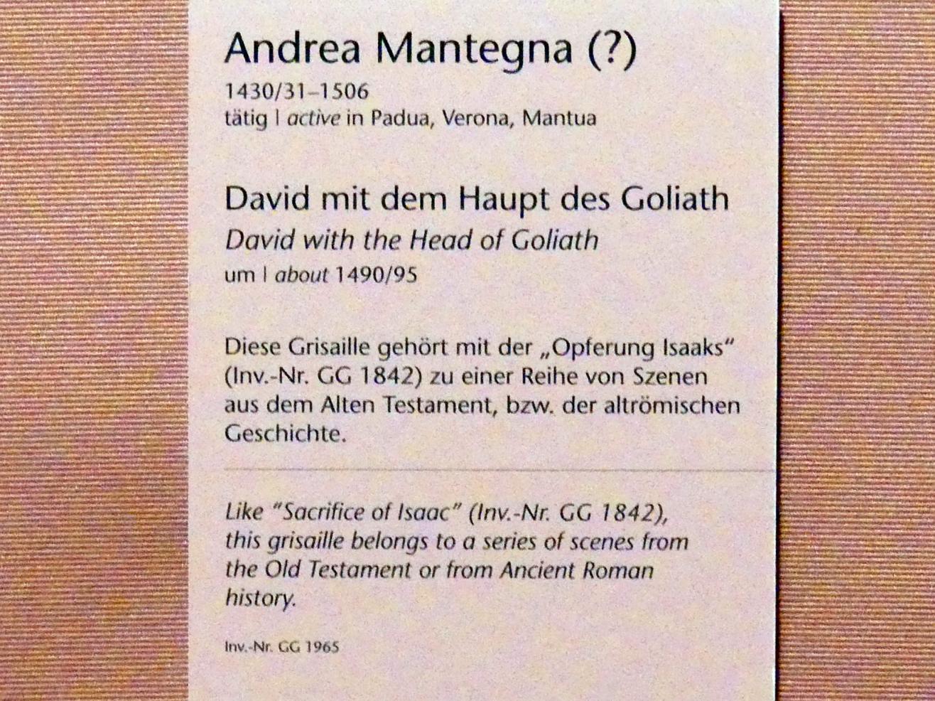 Andrea Mantegna (1451–1505), David mit dem Haupt des Goliath, Wien, Kunsthistorisches Museum, Kabinett 5, um 1490–1495, Bild 2/2