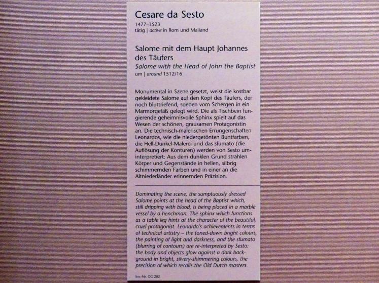 Cesare da Sesto (1514–1523), Salome mit dem Haupt Johannes des Täufers, Wien, Kunsthistorisches Museum, Kabinett 7, um 1512–1516, Bild 2/2