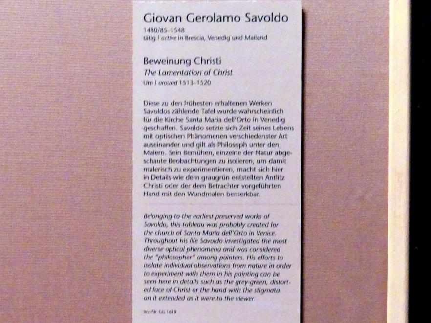 Giovanni Girolamo Savoldo (Girolamo da Brescia) (1516–1537), Beweinung Christi, Wien, Kunsthistorisches Museum, Kabinett 8, um 1513–1520, Bild 2/2