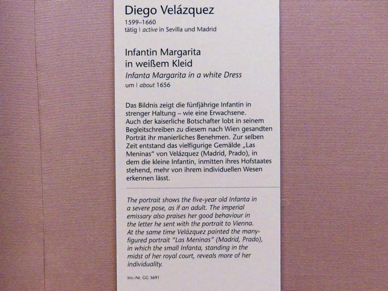 Diego Rodríguez de Silva y Velázquez (1618–1659), Infantin Margarita  in weißem Kleid, Wien, Kunsthistorisches Museum, Kabinett 10, um 1656, Bild 2/2