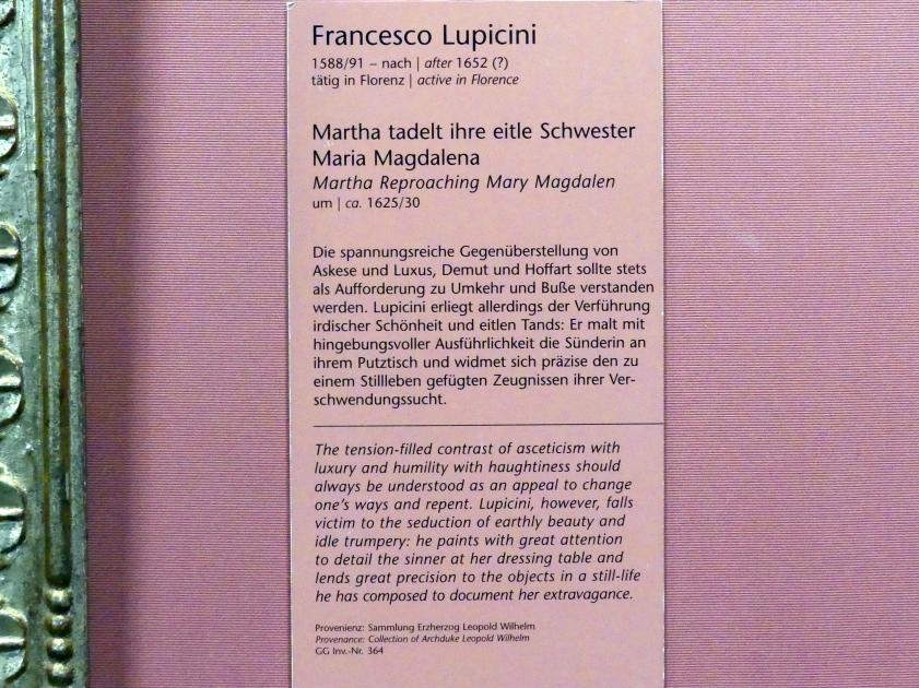 Francesco Lupicini (1627), Martha tadelt ihre eitle Schwester Maria Magdalena, Wien, Kunsthistorisches Museum, Kabinett 12, um 1625–1630, Bild 2/2
