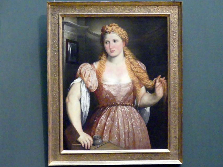 Paris Bordone (1523–1560), Bildnis einer jungen Frau am Putztisch, Wien, Kunsthistorisches Museum, Saal XV, um 1550