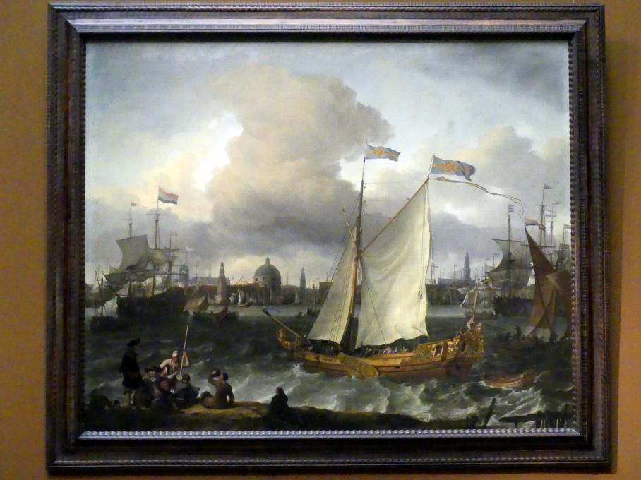 Ludolf Bakhuizen (Backhuysen) (1661–1700), Die schwedische Jacht "Lejonet" auf dem IJ vor Amsterdam, Wien, Kunsthistorisches Museum, Saal XII, 1674, Bild 1/2