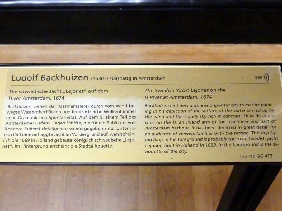 Ludolf Bakhuizen (Backhuysen) (1661–1700), Die schwedische Jacht "Lejonet" auf dem IJ vor Amsterdam, Wien, Kunsthistorisches Museum, Saal XII, 1674, Bild 2/2