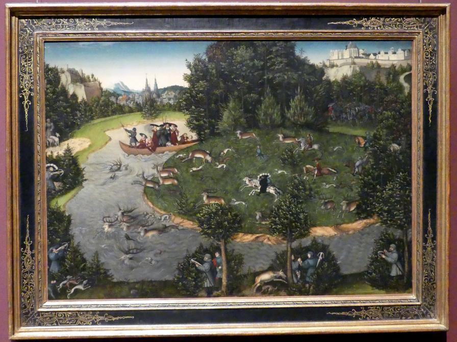 Lucas Cranach der Ältere (1502–1550), Hirschjagd des Kurfürsten Friedrich des Weisen, Wien, Kunsthistorisches Museum, Saal IX, 1529, Bild 1/2
