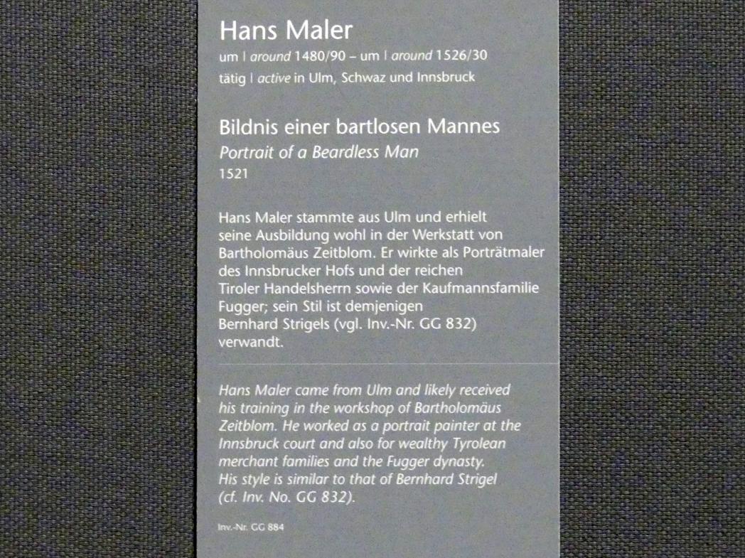 Hans Maler zu Schwaz (1512–1529), Bildnis eines bartlosen Mannes, Wien, Kunsthistorisches Museum, Kabinett 14, 1521, Bild 2/2