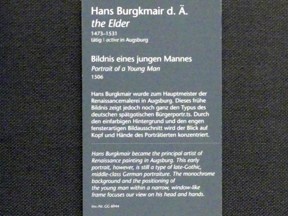 Hans Burgkmair der Ältere (1490–1529), Bildnis eines jungen Mannes, Wien, Kunsthistorisches Museum, Kabinett 14, 1506, Bild 2/2