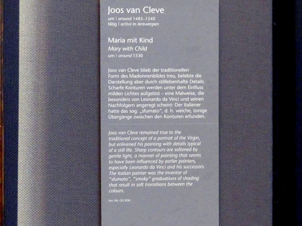 Joos van Cleve (Joos van der Beke) (1507–1538), Maria mit Kind, Wien, Kunsthistorisches Museum, Kabinett 15, um 1530, Bild 2/2