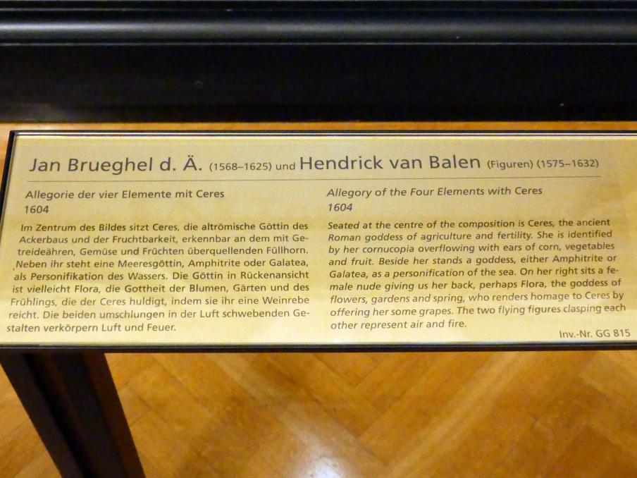 Jan Brueghel der Ältere (Samtbrueghel, Blumenbrueghel) (1593–1621), Allegorie der vier Elemente mit Ceres, Wien, Kunsthistorisches Museum, Kabinett 17, 1604, Bild 2/2