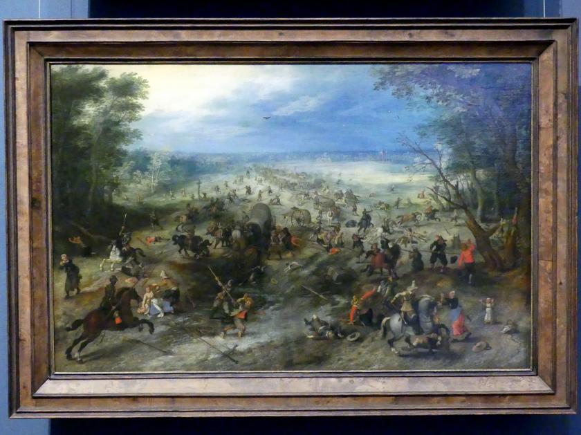 Jan Brueghel der Ältere (Samtbrueghel, Blumenbrueghel) (1593–1621), Überfall auf einen Wagenzug, Wien, Kunsthistorisches Museum, Kabinett 17, um 1612, Bild 1/2
