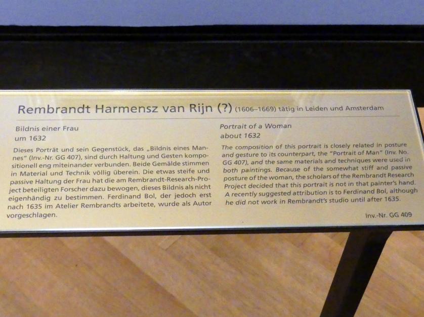 Rembrandt (Rembrandt Harmenszoon van Rijn) (1627–1669), Bildnis einer Frau, Wien, Kunsthistorisches Museum, Kabinett 18, um 1632, Bild 2/2