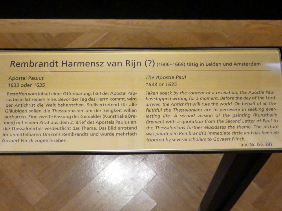Rembrandt (Rembrandt Harmenszoon van Rijn) (1627–1669), Apostel Paulus, Wien, Kunsthistorisches Museum, Kabinett 18, um 1633–1635, Bild 2/2