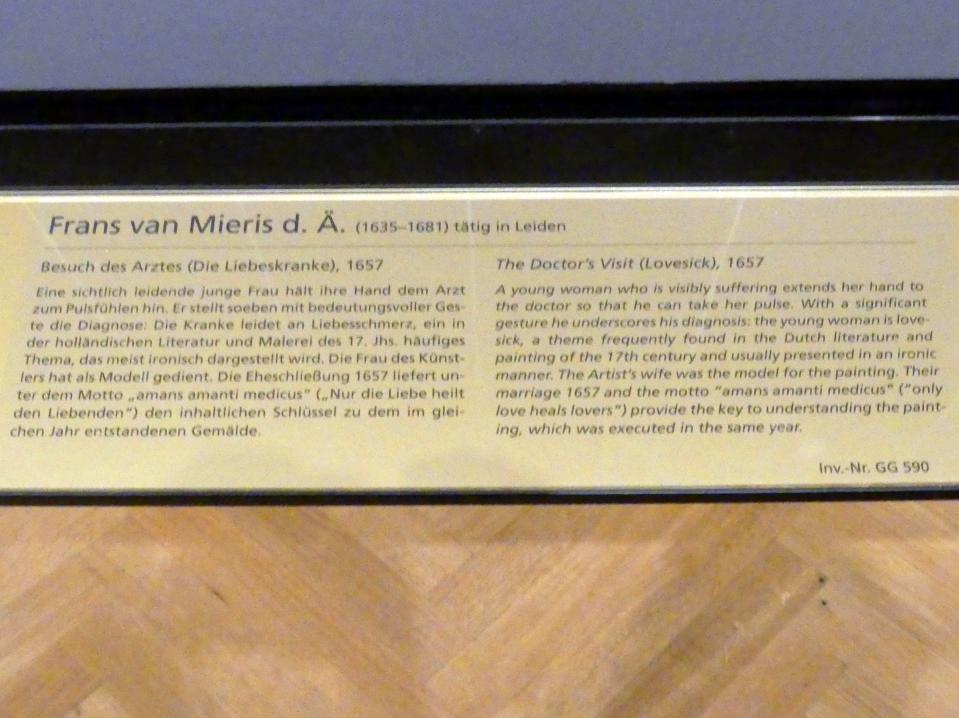 Frans van Mieris der Ältere (1657–1678), Besuch des Arztes (Die Liebeskranke), Wien, Kunsthistorisches Museum, Kabinett 19, 1657, Bild 2/2