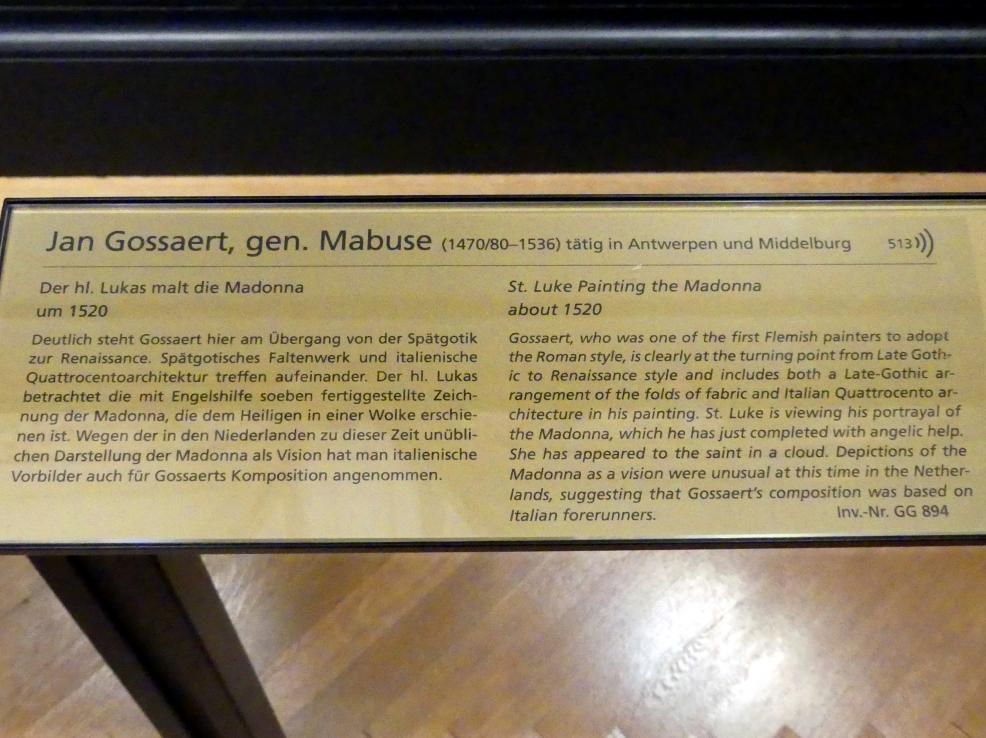 Jan Gossaert (Mabuse) (1505–1531), Der hl. Lukas malt die Madonna, Wien, Kunsthistorisches Museum, Kabinett 21, um 1520, Bild 2/2