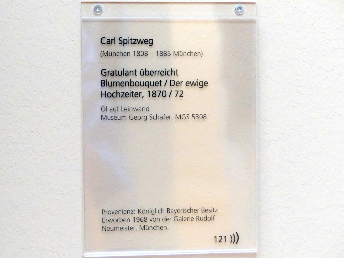Carl Spitzweg (1835–1880), Gratulant überreicht Blumenbouquet / Der ewige Hochzeiter, Schweinfurt, Museum Georg Schäfer, Saal 5, um 1870–1872, Bild 2/2