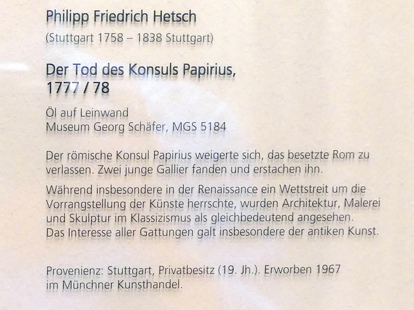 Philipp Friedrich Hetsch (1777–1808), Der Tod des Konsuls Papirius, Schweinfurt, Museum Georg Schäfer, Saal 10, um 1777–1778, Bild 2/8