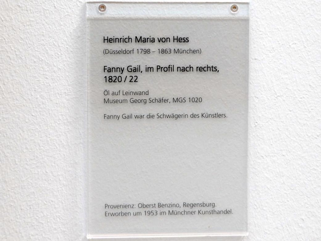 Heinrich Maria von Hess (1814–1823), Fanny Gail, im Profil nach rechts, Schweinfurt, Museum Georg Schäfer, Saal 13, um 1820–1822, Bild 2/2