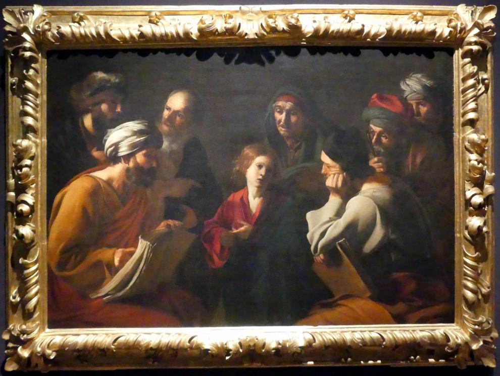 Bartolomeo Manfredi (1609–1618), Christus unter den Schriftgelehrten, München, Alte Pinakothek, Ausstellung "Utrecht, Caravaggio und Europa" vom 17.04.-21.07.2019, Christus: Christus unter den Schriftgelehrten, um 1618
