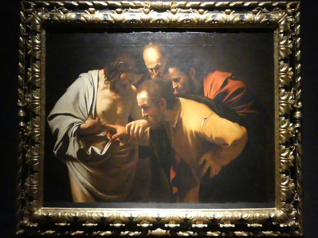 Michelangelo Merisi da Caravaggio (Kopie) (1603–1610), Der ungläubige Thomas, München, Alte Pinakothek, Ausstellung "Utrecht, Caravaggio und Europa" vom 17.04.-21.07.2019, Christus: Ungläubiger Thomas, um 1600–1625, Bild 1/2