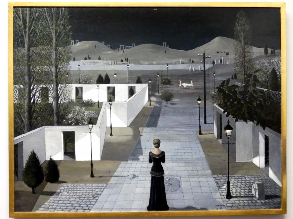 Paul Delvaux (1926–1958), Landschaft mit Laternen, Wien, Albertina, Sammlung Batliner, Saal 7, 1958, Bild 1/2