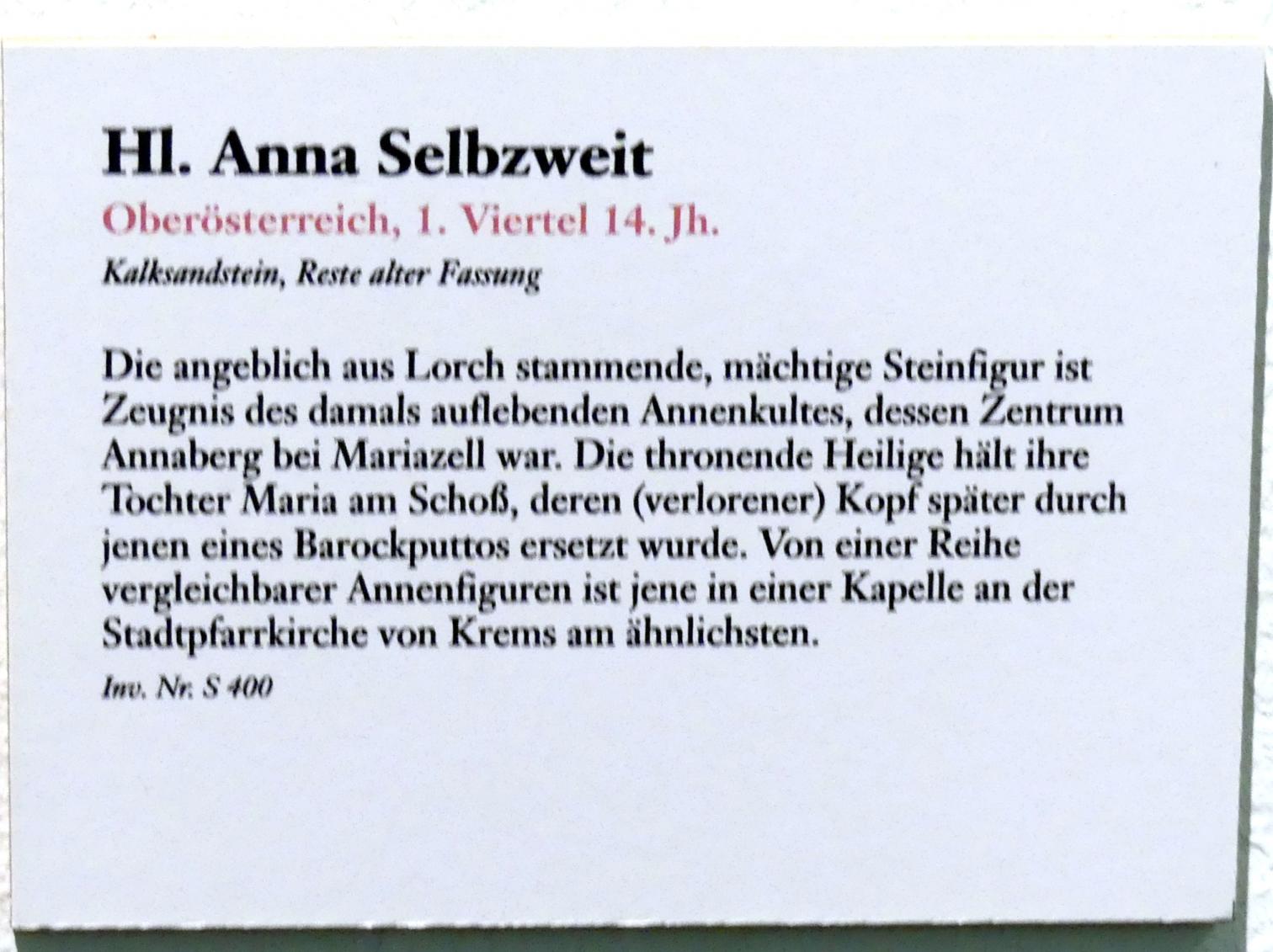 Hl. Anna Selbdritt, Linz, Oberösterreichisches Landesmuseum, Von der Romanik zur Spätgotik, 1. Viertel 14. Jhd., Bild 3/3