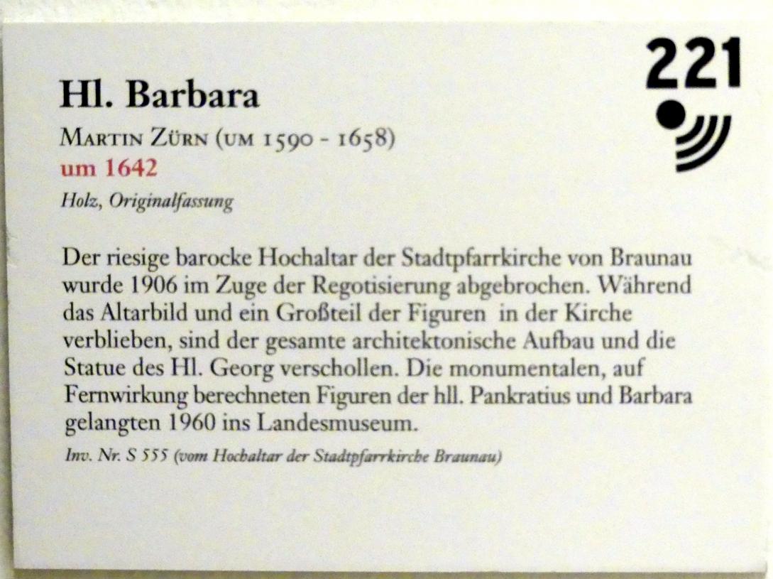 Martin Zürn (1614–1663), Hl. Barbara, Braunau am Inn, Pfarrkirche St. Stephan, jetzt Linz, Oberösterreichisches Landesmuseum, Barocke Glaubenswelt, um 1642, Bild 4/4