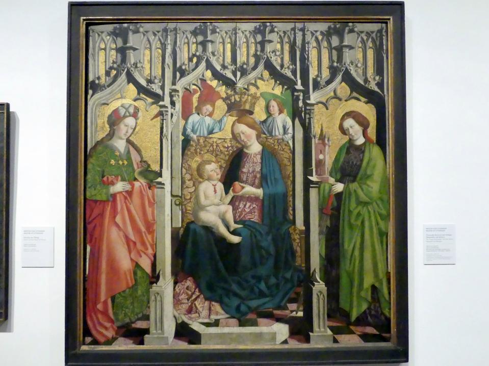 Meister von Uttenheim (1465–1475), Thronende Maria mit den Heiligen Margarethe und Barbara, Uttenheim, Pfarrkirche St. Margaretha, jetzt Wien, Museum Oberes Belvedere, Saal 7, um 1460–1470
