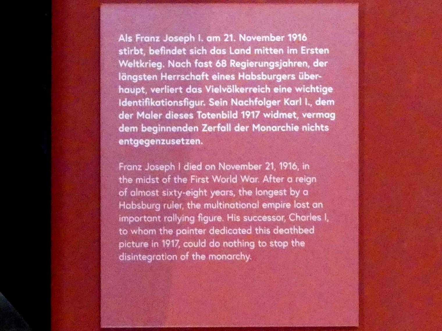 Franz Matsch (1914–1916), Kaiser Franz Joseph I. auf dem Sterbebett, Wien, Museum Oberes Belvedere, Saal 10, 1916, Bild 3/3