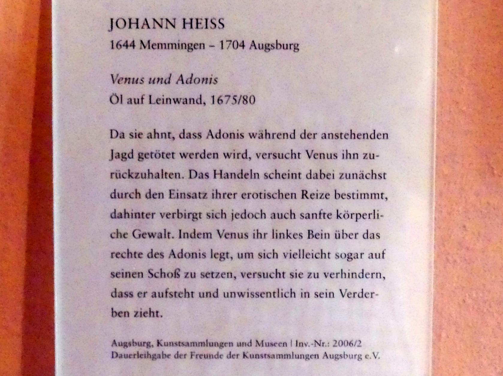 Johann Heiss (1675–1685), Venus und Adonis, Augsburg, Deutsche Barockgalerie im Schaezlerpalais, Saal 12 - Meisterwerke des 17. und 18. Jahrhunderts, Undatiert, Bild 2/2