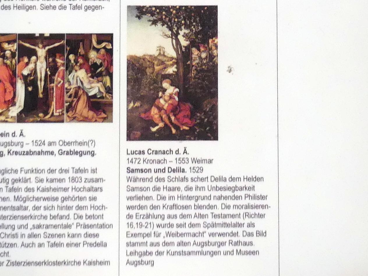 Lucas Cranach der Ältere (1502–1550), Samson und Delila, Augsburg, Altes Rathaus, jetzt Augsburg, Staatsgalerie in der ehem. Katharinenkirche, Saal 2, 1529, Bild 3/3